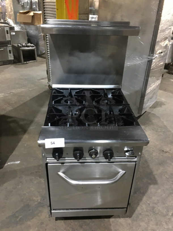 AMAZING! All Stainless Steel Natural Gas Powered 4 Burner Stove! With Oven Underneath! With Backsplash & Overhead Salamander Shelf! On Legs!
