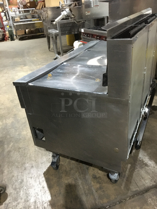Pitco Frialator Commercial Natural Gas Powered 3 Bay Deep Fat Fryer! With Backsplash! All Stainless Steel! With Oil Filter System! Model SSH60W Serial G13AB063693! 115V! On Commercial Casters! - Image 4 of 11