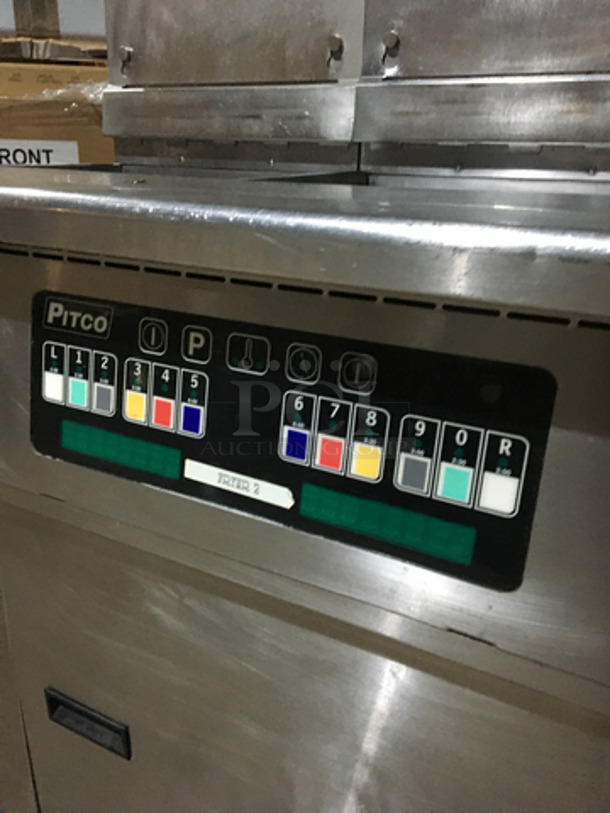 Pitco Frialator Commercial Natural Gas Powered 3 Bay Deep Fat Fryer! With Backsplash! All Stainless Steel! With Oil Filter System! Model SSH60W Serial G13AB063693! 115V! On Commercial Casters! - Image 10 of 11