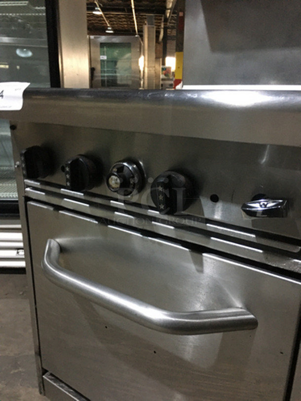 AMAZING! All Stainless Steel Natural Gas Powered 4 Burner Stove! With Oven Underneath! With Backsplash & Overhead Salamander Shelf! On Legs! - Image 9 of 10