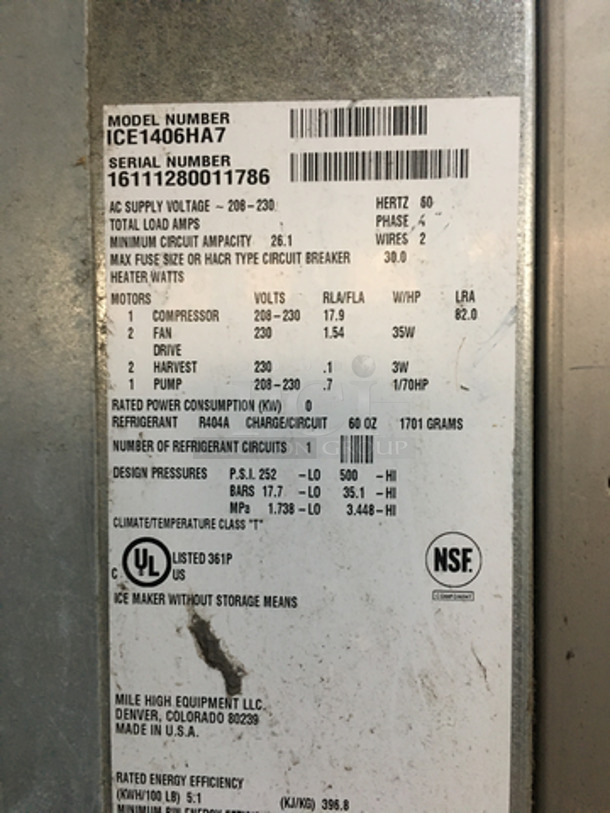 NICE! Ice-O-Matic Commercial Ice Making Machine! On Ice Bin! All Stainless Steel! Model ICE1406HA7 Serial 16111280011786! 208/230V 1Phase! On Legs! 2 X Your Bid! Makes One Unit! - Image 5 of 7