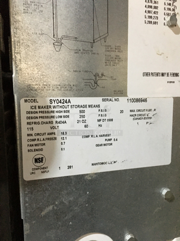 Manitowoc Commercial Ice Making Machine! With Bin! All Stainless Steel Body! Model SY0424A Serial 110086946! 115V 1Phase! On Legs! 2 X Your Bid! Makes One Unit! - Image 6 of 8