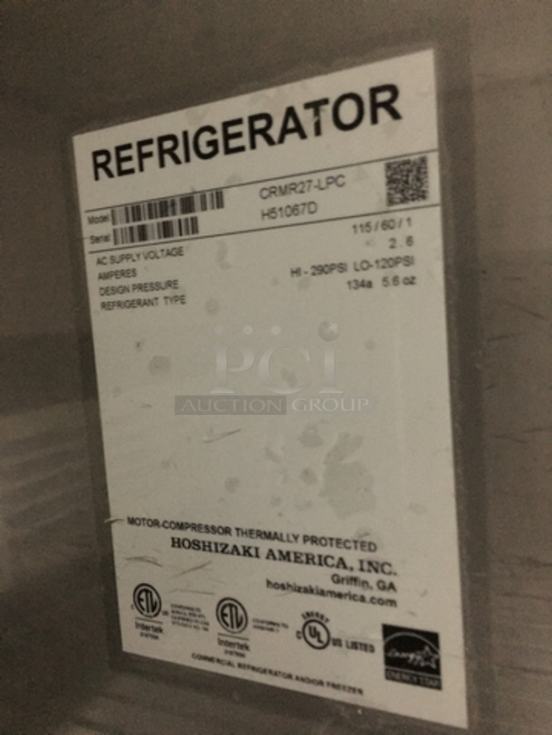 Hoshizaki Commercial Single Door Lowboy/Worktop Cooler! All Stainless Steel! Model CRMR27LPC Serial H51067D! 115V 1Phase!
 - Image 7 of 8
