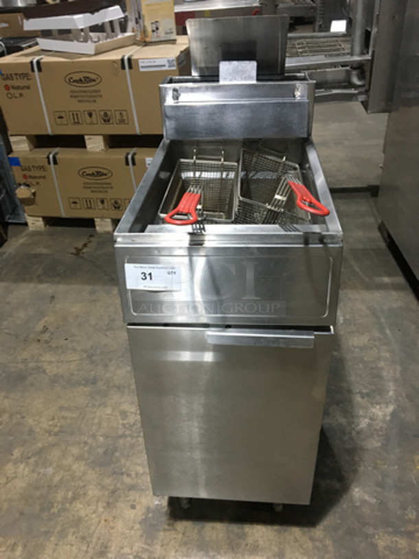 Frymaster Commercial Natural Gas Powered Deep Fat Fryer! With 2 Metal Frying Baskets! All Stainless Steel! Model GF14SD Serial 9410FM0138! On Legs!
