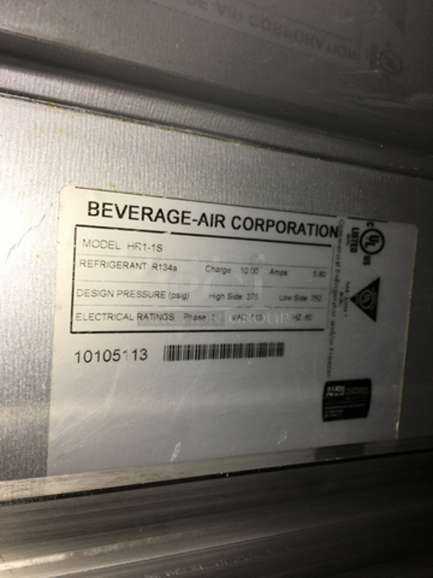 Beverage Air Commercial Single Door Reach In Cooler! All Stainless Steel! Model HR11S Serial 10105113! 115V 1Phase! On Legs! - Image 7 of 9