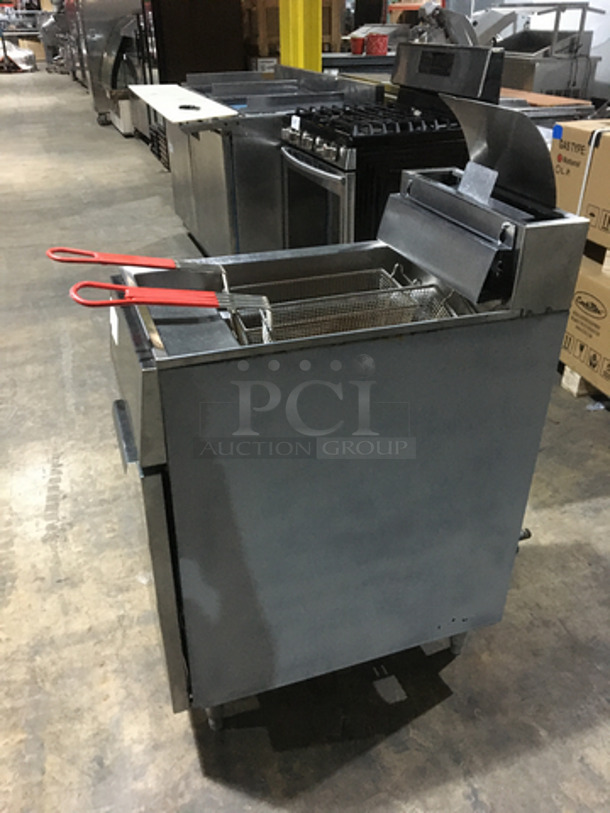 Frymaster Commercial Natural Gas Powered Deep Fat Fryer! With 2 Metal Frying Baskets! All Stainless Steel! Model GF14SD Serial 9410FM0138! On Legs! - Image 2 of 8