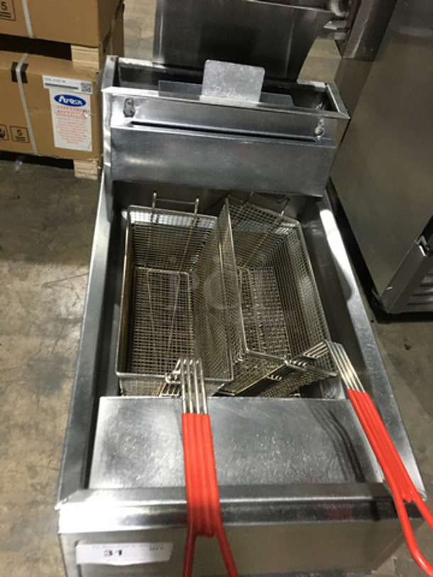 Frymaster Commercial Natural Gas Powered Deep Fat Fryer! With 2 Metal Frying Baskets! All Stainless Steel! Model GF14SD Serial 9410FM0138! On Legs! - Image 5 of 8