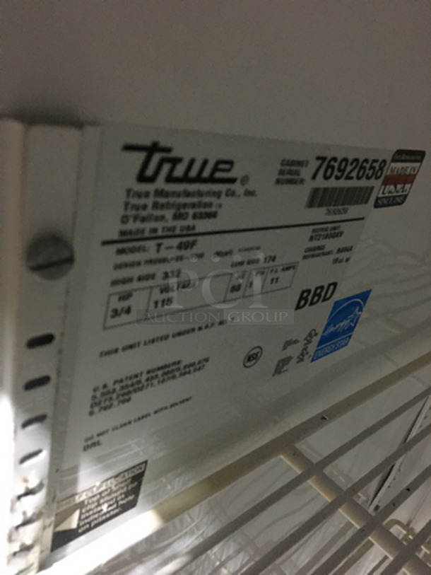 Great! True 2 Door Heavy Duty Commercial Stainless Steel Reach In Freezer! With Poly Coated Racks! Model T49F Serial 7692658! 115V 1 Phase! On Commercial Casters! Working When Removed! - Image 8 of 10