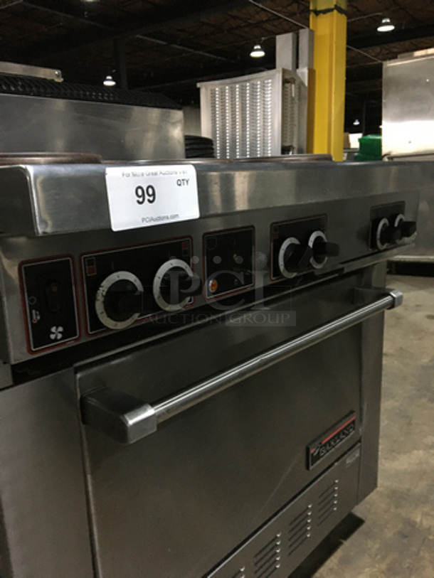Garland Commercial Electric Powered 6 Burner Stove! With Full Size Oven Underneath! With Backsplash! All Stainless Steel! On Casters!
 - Image 9 of 10