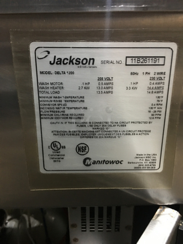 Jackson Commercial Under The Counter Glass Washer! All Stainless Steel! Model DELTA1200 Serial 11B261191! 208/230V 1Phase! - Image 7 of 8