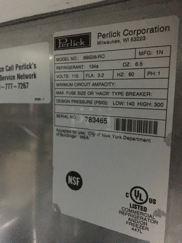 Perlick Commercial Single Door Bar Back Cooler! All Stainless Steel! Model BBS36RO Serial 783465! 115V 1Phase! On Legs!
 - Image 6 of 6