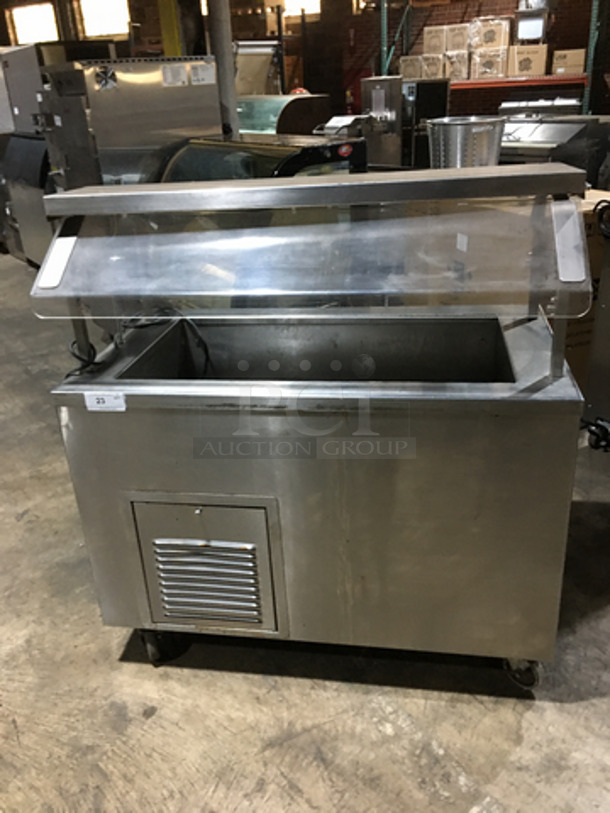 Precision All Stainless Steel Floor Style Cold Pan/Salad Bar Case! With Sneeze Guard! 1 Phase! On Commercial Casters!