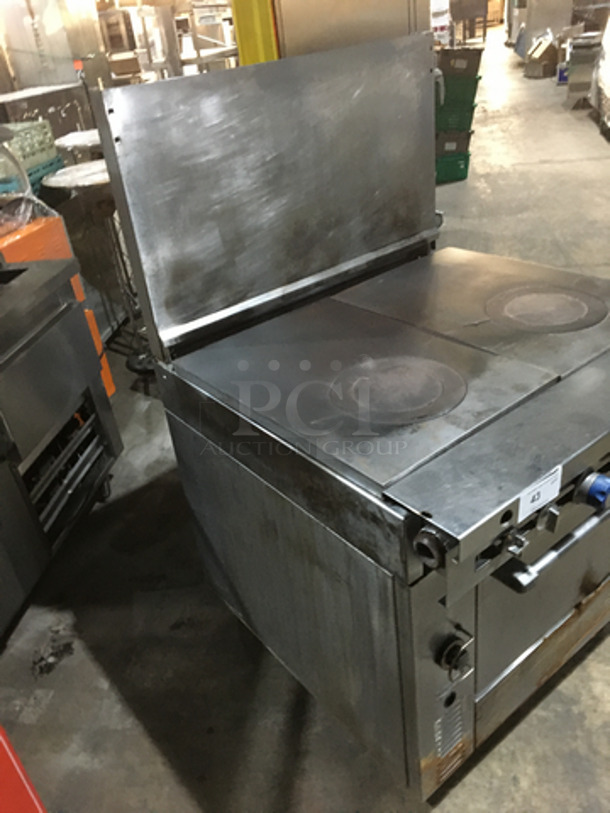 US Range Commercial Natural Gas Powered French Top/Hot Plate Stove! With Full Size Oven Underneath! With Backsplash! All Stainless Steel! On Casters! - Image 2 of 10