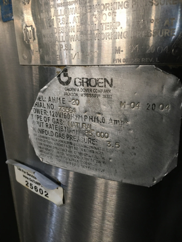 Groen Commercial Natural Gas Powered Jacketed Soup Kettle! All Stainless Steel! Model AH1E20 Serial 73564! 120V 1Phase! On Legs! Working When Removed!  - Image 9 of 11
