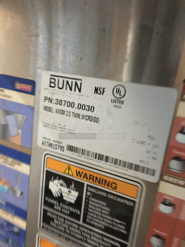 Bunn Commercial Countertop Dual Coffee Brewing Machine! Axiom Series! With 4 Coffee Pot Warming Stations! All Stainless Steel! Model AXIOM2/2TWIN Serial AXTN015795! 120/208/240V 1Phase! On Legs! - Image 7 of 9