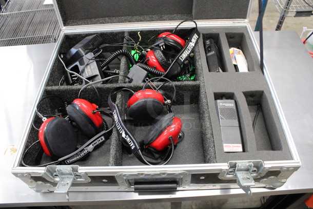 ALL ONE MONEY! Lot of 2 Motorola Radius GP300 Radios, 2 Chargers and 3 Red Headphones in Black Metal Box! 24x19x8