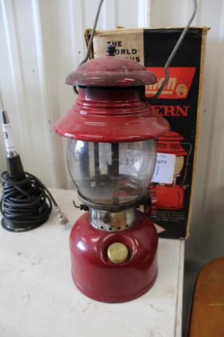 IN ORIGINAL BOX! Coleman Red Metal Lantern. 6x6x20