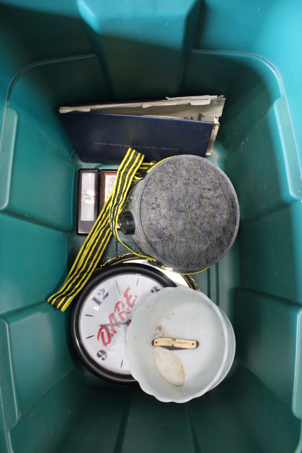 ALL ONE MONEY! Lot of Various Items Including Clock, Canteen and Metal Tray in Green Poly Bin! - Image 4 of 5