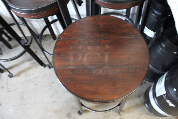 2 Black Metal Stools w/ Wood Pattern Round Seats and Footrest Bar. 14x14x29.5. 2 Times Your Bid! - Image 2 of 4
