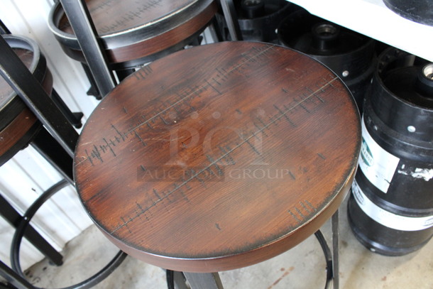 2 Black Metal Stools w/ Wood Pattern Round Seats and Footrest Bar. 14x14x29.5. 2 Times Your Bid! - Image 3 of 4