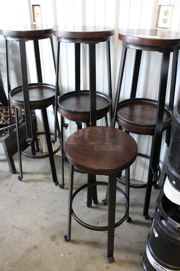 2 Black Metal Stools w/ Wood Pattern Round Seats and Footrest Bar. 14x14x29.5. 2 Times Your Bid! - Image 4 of 4