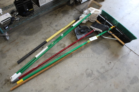 ALL ONE MONEY! Lot of 6 Various Cleaning Items;  2 Push Brooms, Broom, Mop, Shovel and Dustpan! Includes 55"