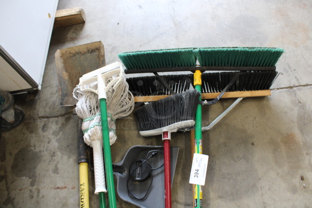ALL ONE MONEY! Lot of 6 Various Cleaning Items;  2 Push Brooms, Broom, Mop, Shovel and Dustpan! Includes 55" - Image 2 of 3