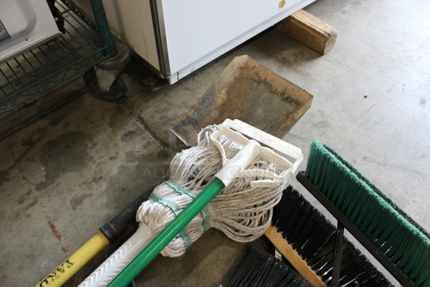 ALL ONE MONEY! Lot of 6 Various Cleaning Items;  2 Push Brooms, Broom, Mop, Shovel and Dustpan! Includes 55" - Image 3 of 3