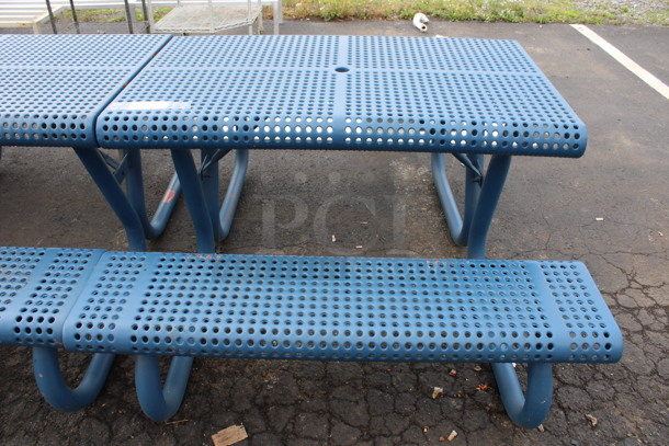 Blue Metal Patio Table w/ 2 Attached Benches. 48x63x30