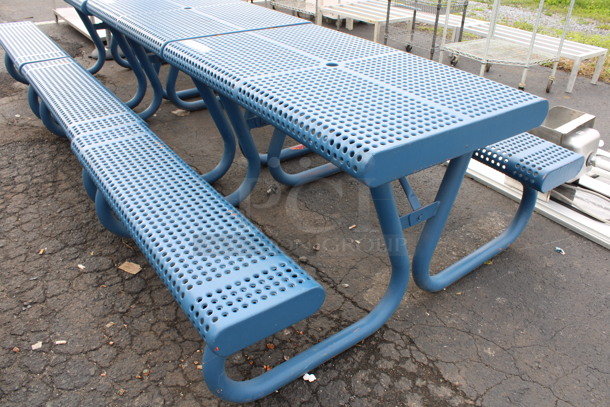 Blue Metal Patio Table w/ 2 Attached Benches. 48x63x30 - Image 2 of 4