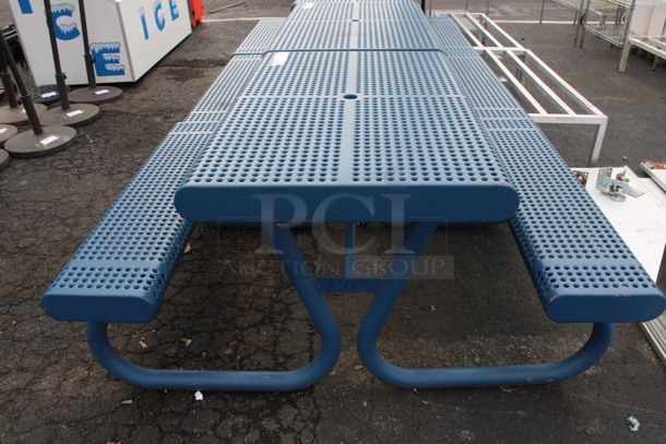 Blue Metal Patio Table w/ 2 Attached Benches. 48x63x30 - Image 3 of 4