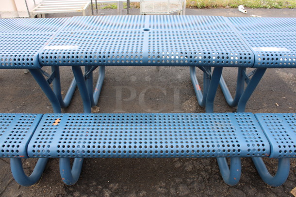 Blue Metal Patio Table w/ 2 Attached Benches. 48x63x30