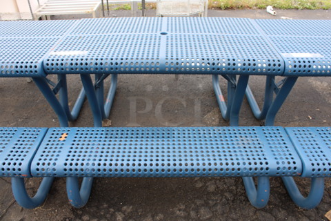 Blue Metal Patio Table w/ 2 Attached Benches. 48x63x30
