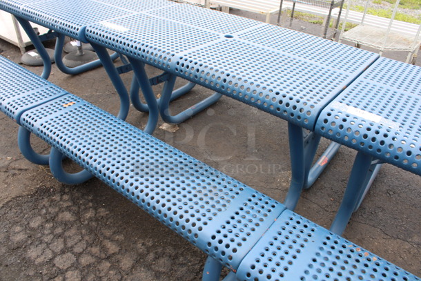 Blue Metal Patio Table w/ 2 Attached Benches. 48x63x30 - Image 2 of 3