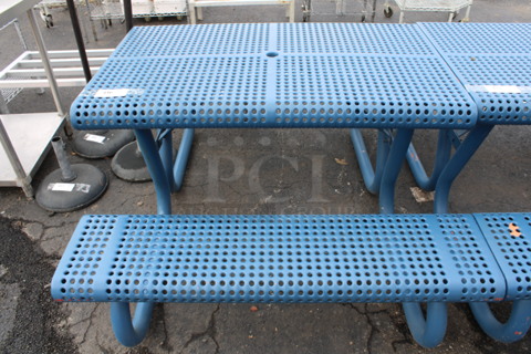 Blue Metal Patio Table w/ 2 Attached Benches. 48x63x30