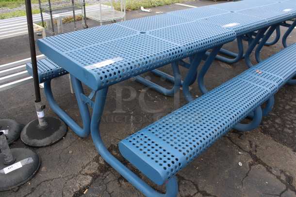Blue Metal Patio Table w/ 2 Attached Benches. 48x63x30 - Image 2 of 3