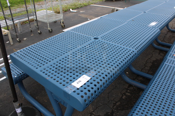 Blue Metal Patio Table w/ 2 Attached Benches. 48x63x30 - Image 3 of 3