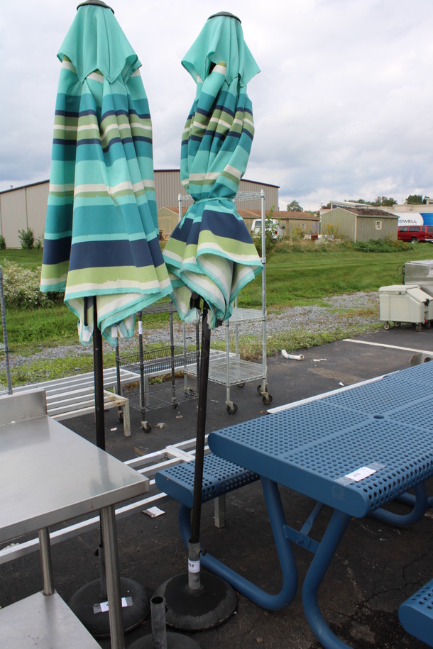 Blue and Green Patio Umbrella w/ Metal Base. 14x14x93