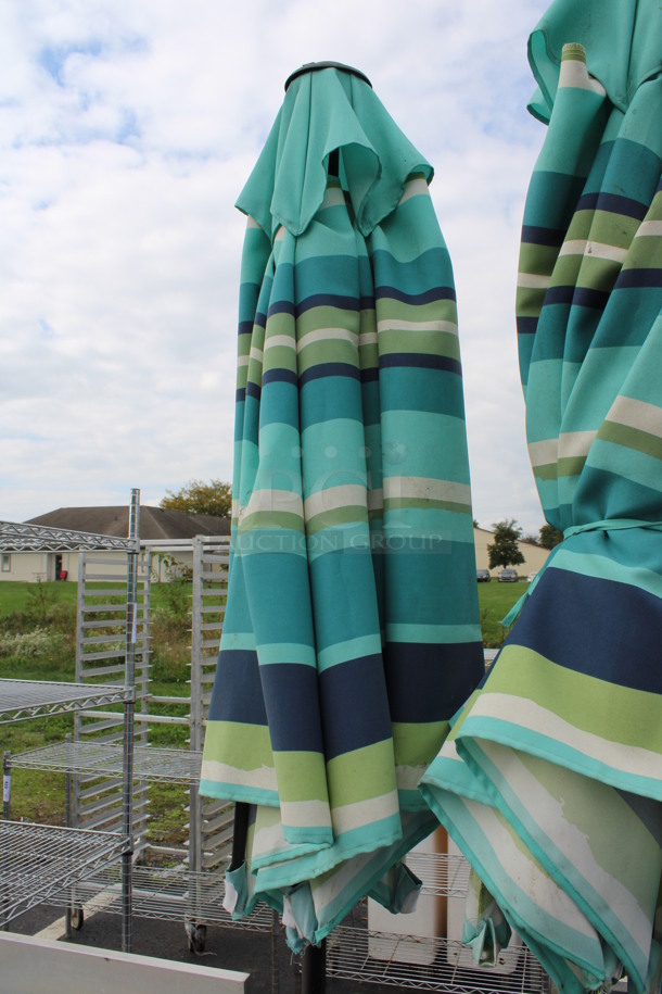 Blue and Green Patio Umbrella w/ Metal Base. 14x14x93 - Image 2 of 4