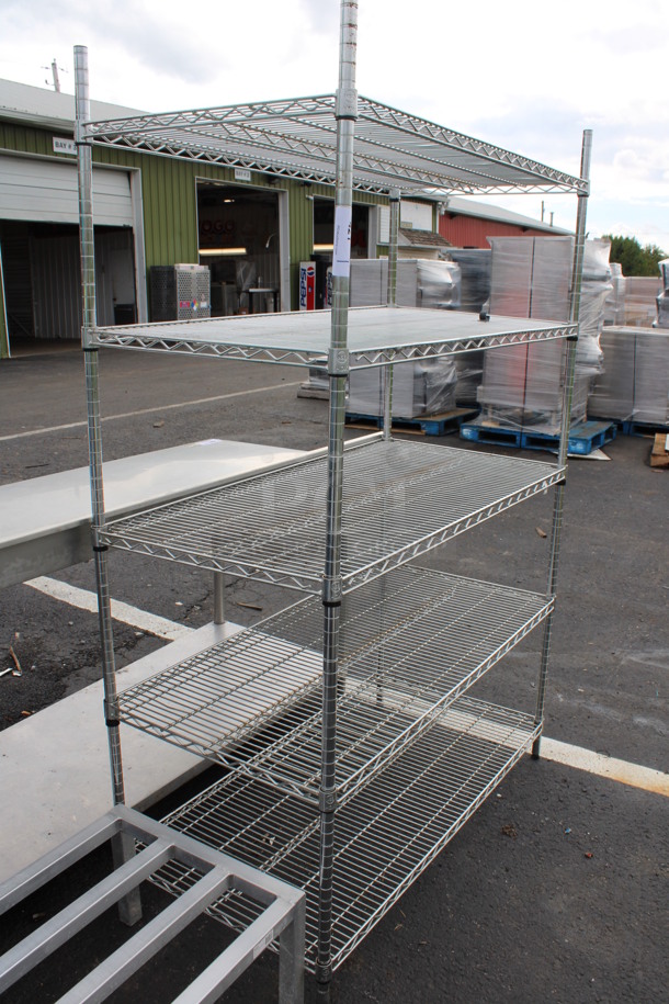 Chrome Finish 5 Tier Metro Style Shelving Unit. BUYER MUST DISMANTLE. PCI CANNOT DISMANTLE FOR SHIPPING. PLEASE CONSIDER FREIGHT CHARGES. 48x24x73 - Image 1 of 3