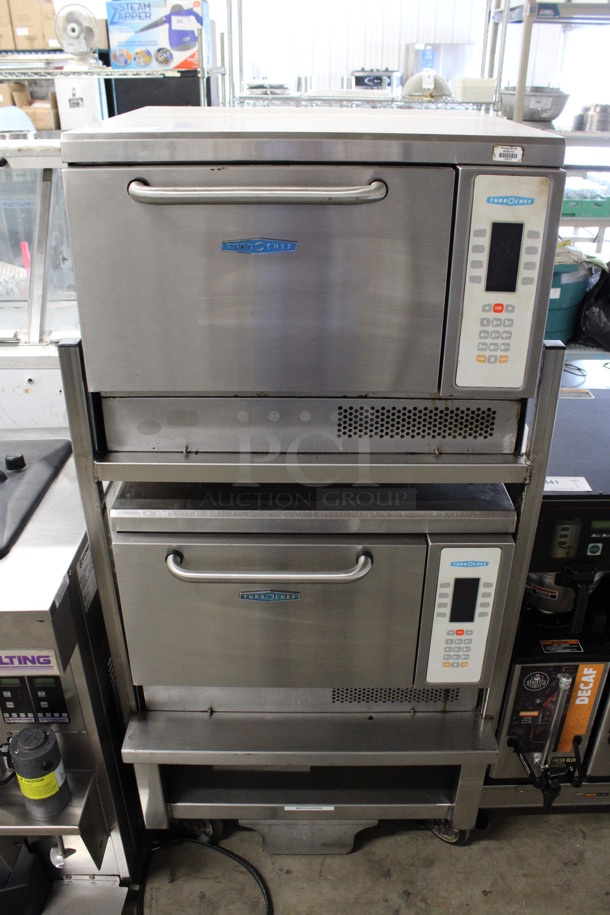 2 Turbochef Model NGCD6 Tornado Stainless Steel Commercial Countertop Electric Powered Rapid Cook Ovens on Stainless Steel Commercial 2 Tier Equipment Stand on Commercial Casters. 208/240 Volts, 1 Phase. 30x30x60. 2 Times Your Bid!