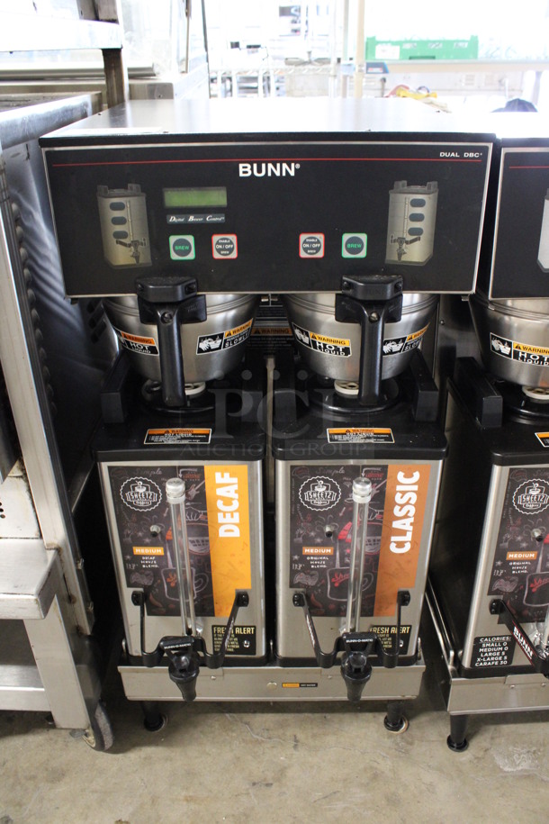 2016 Bunn Model DUAL SH DBC Stainless Steel Commercial Countertop Dual Coffee Machine w/ 2 Stainless Steel Brew Baskets and 2 Bunn Model SH SERVER Satellite Servers. 120/208-240 Volts, 1 Phase. 18x24x36. Tested and Working!