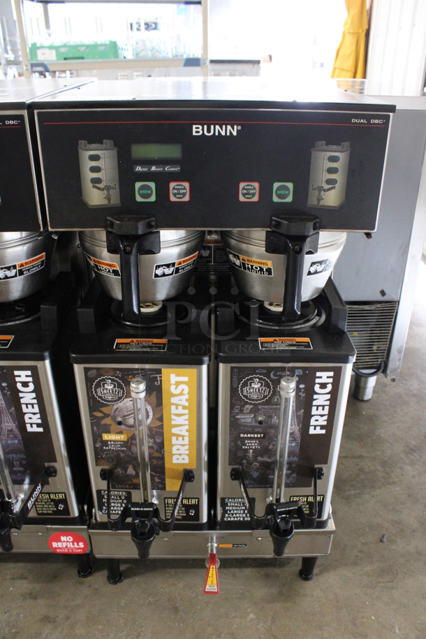 2012 Bunn Model DUAL SH DBC Stainless Steel Commercial Countertop Dual Coffee Machine w/ Hot Water Dispenser, 2 Stainless Steel Brew Baskets and 2 Bunn Model SH SERVER Satellite Servers. 120/208-240 Volts, 1 Phase. 18x24x36. Tested and Working!