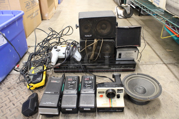 ALL ONE MONEY! Lot of Various Items Including Polaroid Camera, fisher Studio Standard AM FM Stereo Synthesizer Tuner and Realistic TRC-215 Radios in Blue Poly Bin!