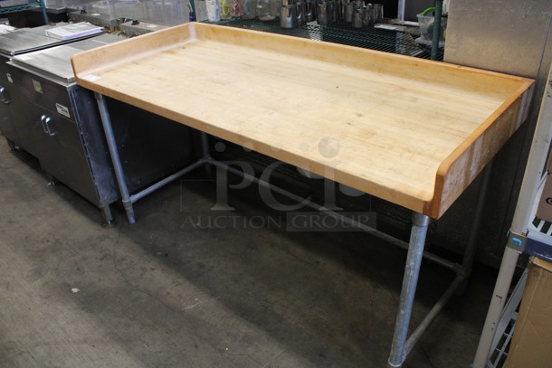 Butcher Block Table w/ Back Splash and Side Splash Guards on Metal Legs. 72x30x39.5