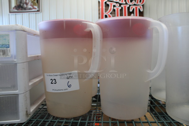 6 Clear Poly Pitchers w/ Red Lids. 8.5x6.5x10.5. 6 Times Your Bid!