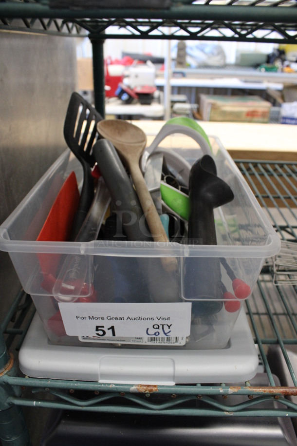ALL ONE MONEY! Lot of Various Utensils Including Spatula and Wooden Spoon in Clear Poly Bin! - Image 1 of 4