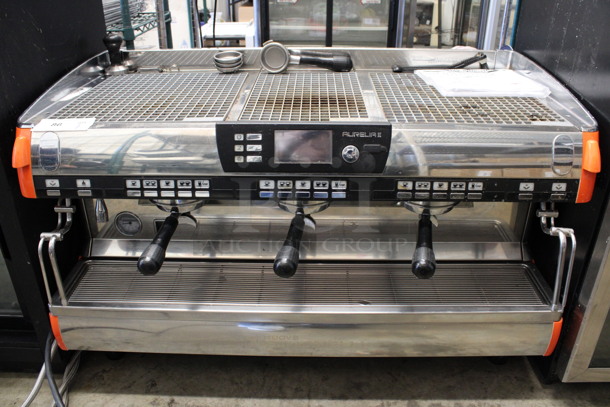 LATE MODEL! Nuova Simonelli Aurelia II Stainless Steel Commercial Countertop 3 Group Espresso Machine w/ 4 Portafilters, 2 Steam Wands, Touchscreen and Original Manual. 208-240 Volts. 41x25x25 - Image 1 of 9