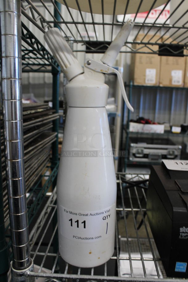 White Metal Whipped Cream Sprayer. Goes GREAT w/ Lot 73! 5x3.5x14 - Image 1 of 3