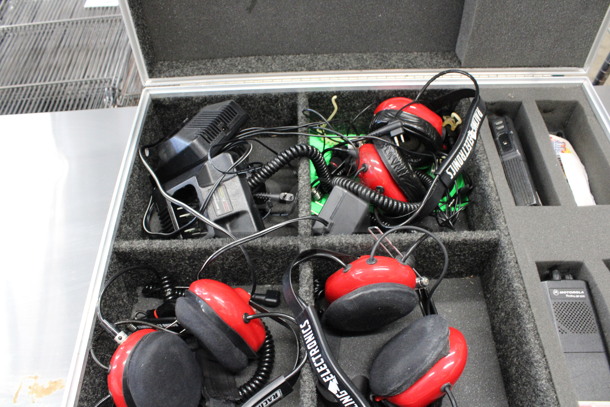 ALL ONE MONEY! Lot of 2 Motorola Radius GP300 Radios, 2 Chargers and 3 Red Headphones in Black Metal Box! 24x19x8 - Image 4 of 7